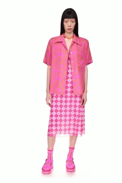 Anna Sui Spring '22 Bird Of Paradise Button Down Top Neon Pink