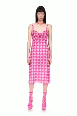 Anna Sui Utopian Gingham Cotton Slip Dress Neon Pink Spring '22