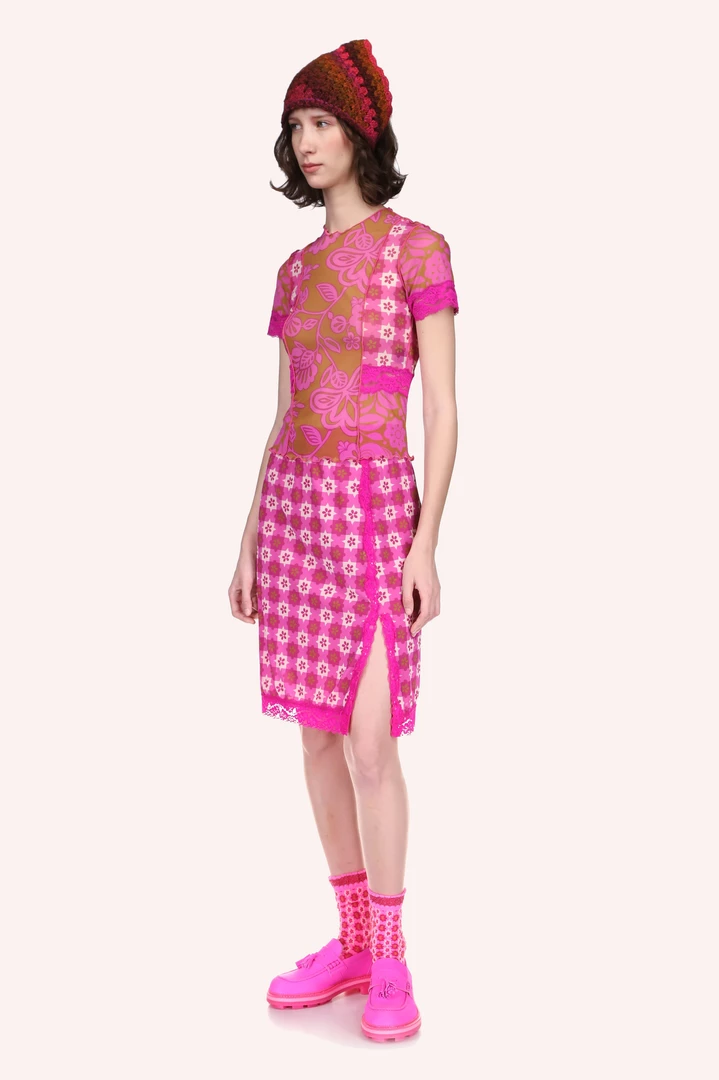 Anna Sui Utopian Gingham Mesh Skirt <br> Neon Pink 7 Anna Sui Utopian Gingham Mesh Skirt Neon Pink