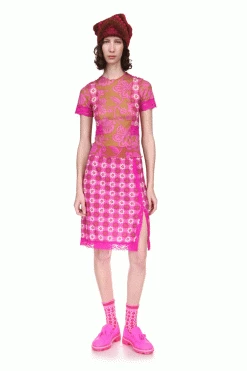Anna Sui Utopian Gingham Mesh Skirt Neon Pink