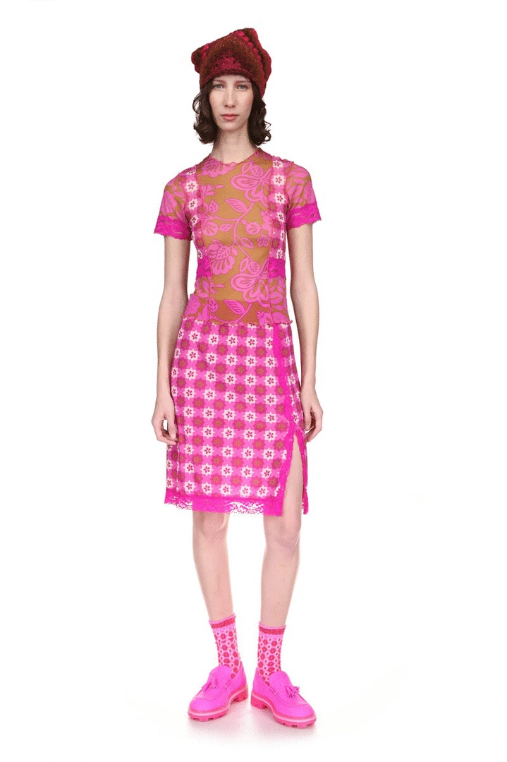 Anna Sui Utopian Gingham Mesh Skirt <br> Neon Pink 4 Anna Sui Utopian Gingham Mesh Skirt Neon Pink