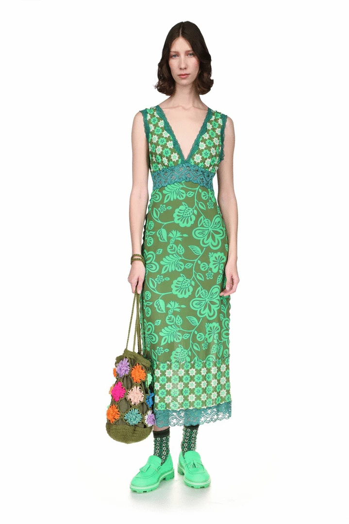 Anna Sui Paradisiac Combo Mesh Dress <br> Glo Green Spring '22 4 Anna Sui Paradisiac Combo Mesh Dress Glo Green Spring '22