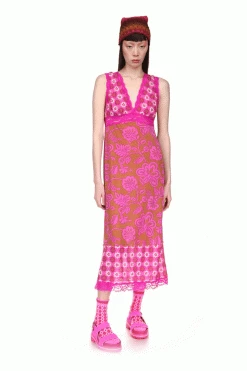 Anna Sui Paradisiac Combo Mesh Dress Neon Pink