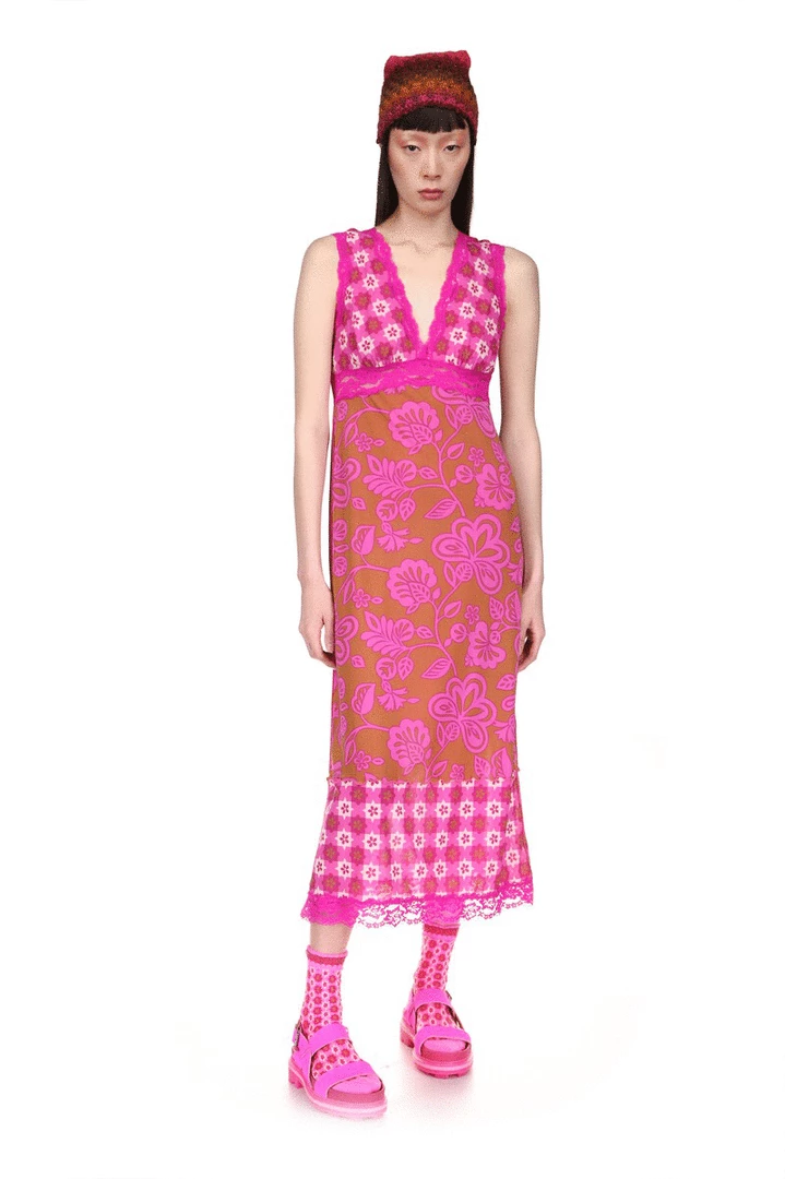 Anna Sui Paradisiac Combo Mesh Dress <br> Neon Pink 4 Anna Sui Paradisiac Combo Mesh Dress Neon Pink