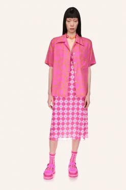 Anna Sui Spring '22 Bird Of Paradise Button Down Top Neon Pink
