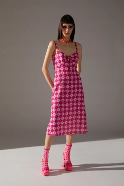 Anna Sui Utopian Gingham Cotton Slip Dress Neon Pink Spring '22