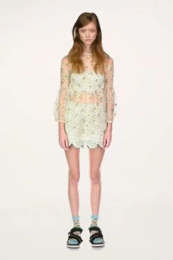 Anna Sui Scattered Blooms Lace Smocked Top CLOTHING