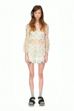 Anna Sui Scattered Blooms Lace Smocked Top CLOTHING