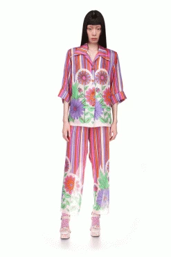 Anna Sui Spring '22 Dazzling Dahlia Stripe Button Down Top