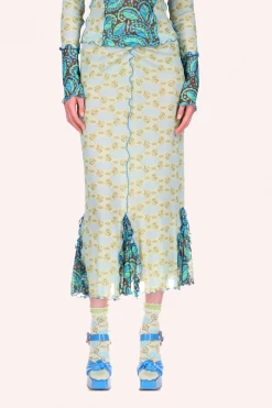 Anna Sui Summer '22 Swirling Leaves Combo Mesh Skirt Turquoise Multi