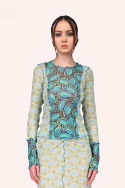 Anna Sui Swirling Leaves Combo Mesh Top Turquoise Multi