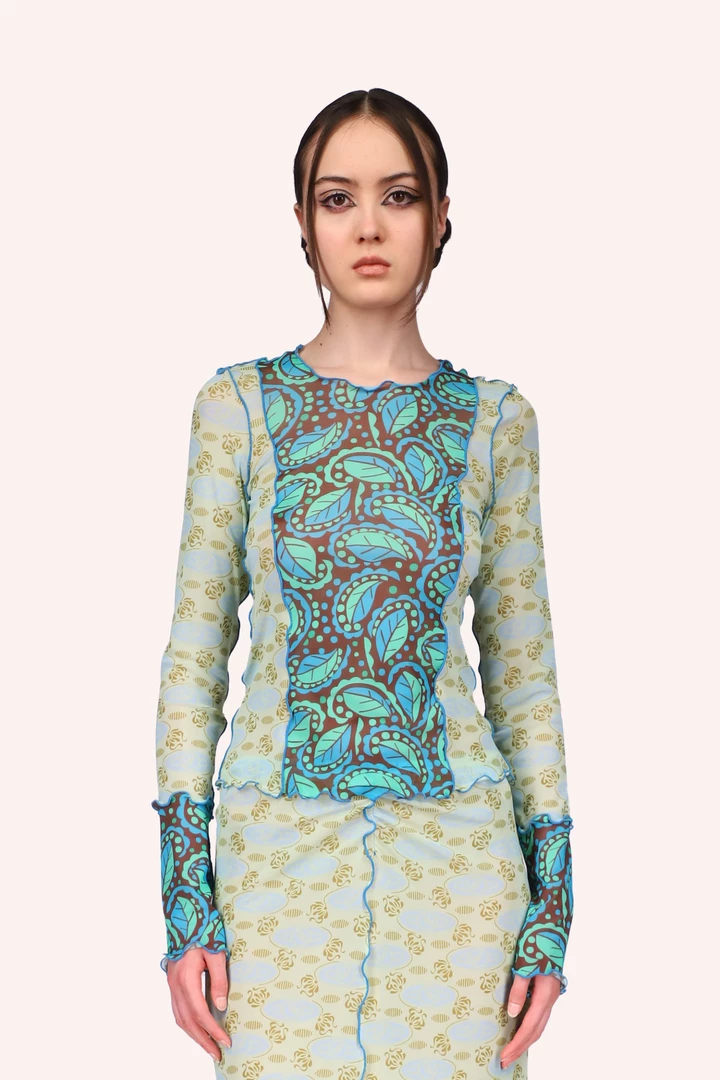 Anna Sui Swirling Leaves Combo Mesh Top <br> Turquoise Multi 3 Anna Sui Swirling Leaves Combo Mesh Top Turquoise Multi