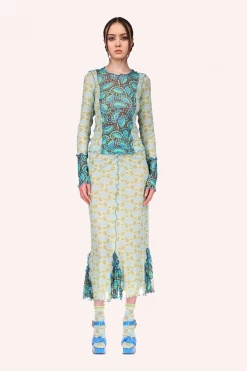 Anna Sui Summer '22 Swirling Leaves Combo Mesh Skirt Turquoise Multi