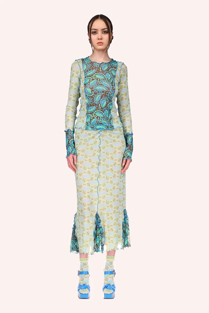 Anna Sui Swirling Leaves Combo Mesh Top <br> Turquoise Multi 5 Anna Sui Swirling Leaves Combo Mesh Top Turquoise Multi