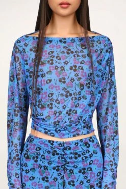 Anna Sui Field Flower Asymmetric Mesh Top Cornflower