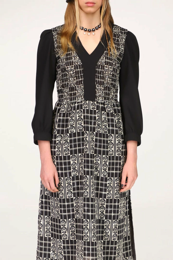 Anna Sui Rose Trellis Smocked Dress <br> Black 5 Anna Sui Rose Trellis Smocked Dress Black