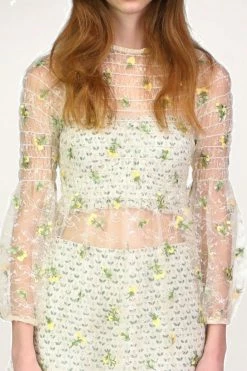 Anna Sui Scattered Blooms Lace Smocked Top CLOTHING