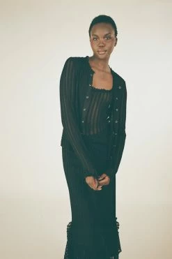 Anna Sui Resort '22 Ruffle Knit Lace Button Top Black