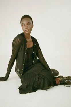 Anna Sui Resort '22 Ruffle Knit Lace Button Top Black