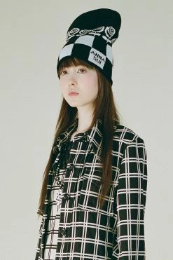 Anna Sui Rose Checker Beanie Black Resort '22