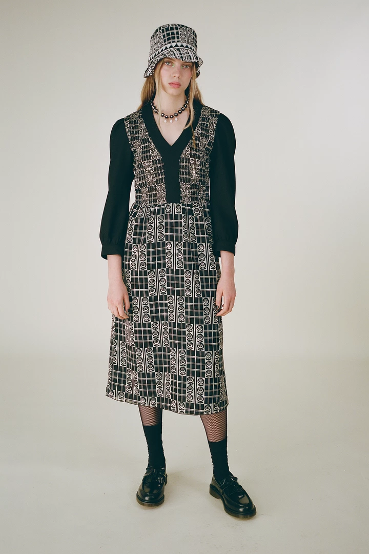 Anna Sui Rose Trellis Smocked Dress <br> Black 4 Anna Sui Rose Trellis Smocked Dress Black